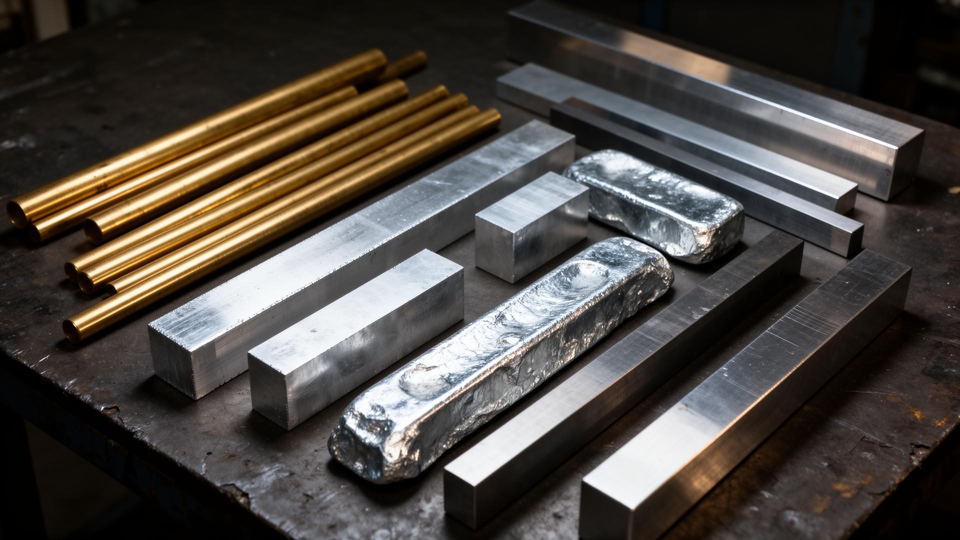 Raw brass, aluminum, zinc and stainless materials on a workbench